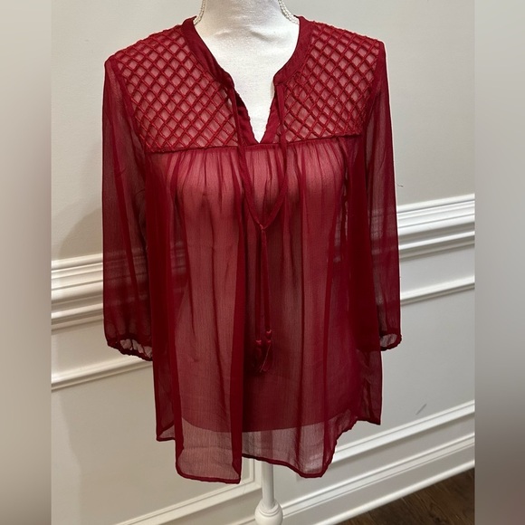 Lucky Brand Tops - Lucky Brand Red Sheer Boho Embroidered 3/4 Sleeve Blouse with Tassels Sz S